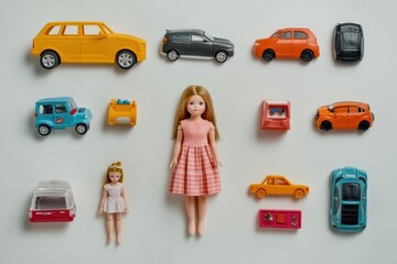 Aufkleber - Flat lay display features vibrant toy cars, blocks, and dolls, creating a playful arrangement with open space for text or creative ideas. Generative AI