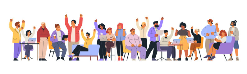 Poster - diverse team celebrating success together in office setting with laptops and devices colorful backgr
