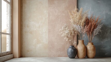 Poster - Soft tones of Mocha and Pastel create a serene atmosphere in this minimalist room. Stylish vases hold delicate dried flowers, enhancing the modern aesthetic of the space