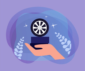 Poster - Hand holding car wheel. Tire service or fitting advertisement flat vector illustration. Car repair service, maintenance concept for banner, website design or landing web page