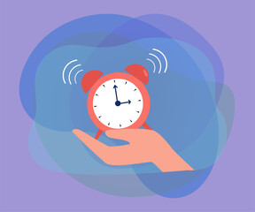 Poster - hand holding alarm clock. ringing clock flat vector illustration. deadline, time management, morning