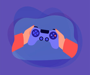 Poster - Gamers hands holding gamepad to play video game. Person with remote console gaming online flat vector illustration. Entertainment, device concept for banner, website design or landing web page