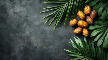 Wall Mural - Dates and Palm Leaves on Dark Background