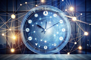 Poster - Concept of Time Management Illustrated with Double Exposure Photography Featuring Thin Line Design Elements Like Reminders, Tasks, and Employees in a Dynamic Composition