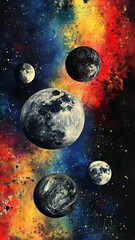Wall Mural - Exploration of celestial bodies in a vibrant cosmic landscape with colorful nebulae and distant planets
