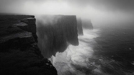 Wall Mural - Fog-laden cliffs looming over a turbulent sea, a sight to behold.