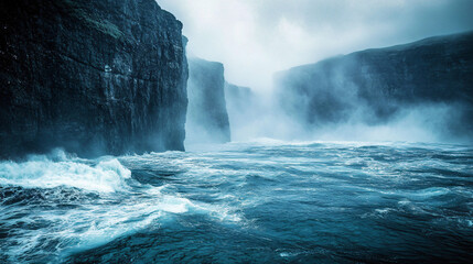 Wall Mural - Fog-laden cliffs looming over a turbulent sea, a sight to behold.