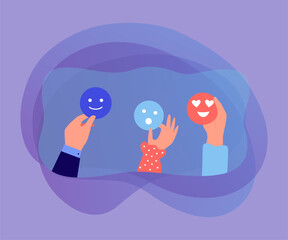 Poster - hands holding cartoon faces with different emotions. people with happy, surprised and in love emotic