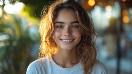 Poster - A young woman with wavy hair smiles warmly, sitting outdoors at a cafe. The sunlight creates a soft glow, enhancing her joyful expression in a relaxed atmosphere.