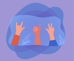 Poster - hands of people showing different gestures. cartoon persons showing thumbs up, peace and i love you 