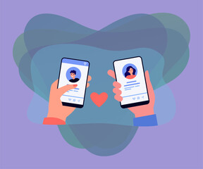 Poster - Hands of male and female dating app users holding phones. People looking at profiles on social media flat vector illustration. Love, romance, communication, network concept for banner or landing page