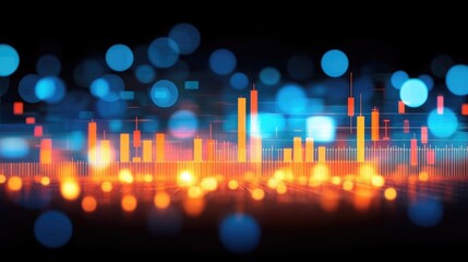 Poster - A close-up of a stock chart with candlestick patterns, showing a significant upward trend. The chart is placed over a blurred background with financial data scrolling past.