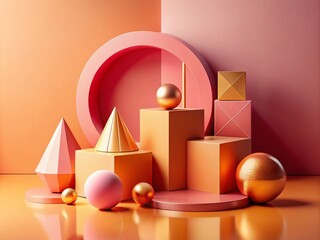 Poster - Contemporary Geometric Shapes in Warm Pink and Orange Tones, Perfect for Minimalist Product Photography and Modern Design Aesthetics