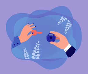Poster - Male and female hands holding lock and key. Protection of personal data, access to information flat vector illustration. Security, privacy concept for banner, website design or landing web page