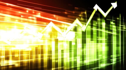 Poster - A colorful 3D bar chart with bars extending from a transparent base, illustrating an increase in profits. The chart is set against a gradient background with light beams