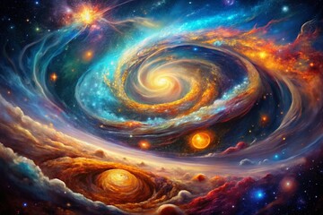 Poster - Cosmic Rhapsody: An Abstract Nano Painting of Swirling Galaxies in Vibrant Colors, Showcasing Intricate Details of Celestial Beauty and Artistic Imagination