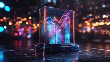 Poster - A colorful 3D bar chart with bars extending from a transparent base, illustrating an increase in profits. The chart is set against a gradient background with light beams