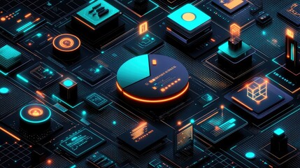 Poster - A colorful 3D pie chart with floating, glossy segments, each representing different business metrics. The chart hovers above a grid background with glowing data points.