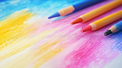 Poster - A colorful abstract design filled with various hues, with crayons lying nearby, inviting viewers to pick them up and add their own touch