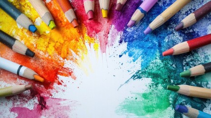 Poster - A colorful abstract design filled with various hues, with crayons lying nearby, inviting viewers to pick them up and add their own touch