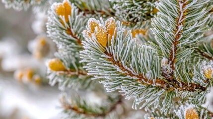 Aufkleber - Pine branches, heavy with fresh snow, sparkle in the light as winter envelops the landscape. Nature reveals its tranquil beauty, inviting peaceful reflection on a chilly day