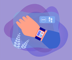Poster - Smart watch on wrist of person showing time, pulse and pedometer. Monitoring health and number of steps per day flat vector illustration. Technology, healthy lifestyle concept for banner, landing page