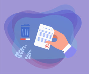 Poster - Symbol of recycle bin and hand holding document or letter. Employer or businessman rejecting report or job application flat vector illustration. Delete, failure concept for banner or landing web page