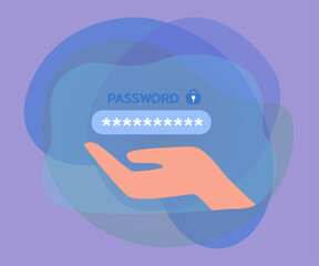 Poster - Symbol of strong password above hand. Password field, protection of privacy or data flat vector illustration. Security or safety, internet concept for banner, website design or landing web page