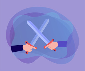 Wall Mural - business fight of two employees holding swords in hands. persons crossing weapon in conflict flat ve