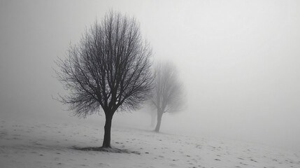 Wall Mural - Frozen landscapes under a blanket of fog, stillness interrupted.