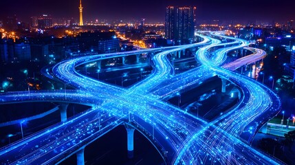 Aufkleber - A futuristic depiction of glowing digital highways creating a seamless grid.