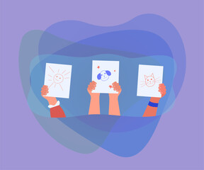 Poster - Hands of little artists holding up cute kids pencil drawings. Children learning to draw on paper flat vector illustration. Kindergarten, art concept for banner, website design or landing web page