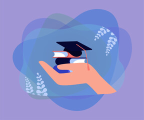 Poster - Students hand holding graduate cap and books. University study offer for person flat vector illustration. Intelligence, education, achievement concept for banner, website design or landing web page