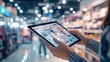 © Oulaphone - A person uses a tablet to browse products in a retail store, surrounded by shelves filled with various items.