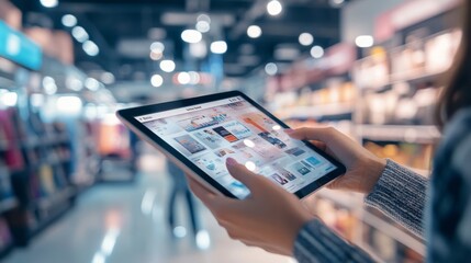 Wall Mural - a person uses a tablet to browse products in a retail store, surrounded by shelves filled with vario