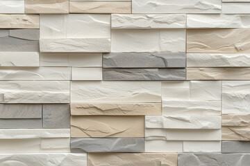 Wall Mural - Textured stone wall with irregular patterns in neutral tones, showcasing blend of white, beige, and gray. This design adds depth and character to any space