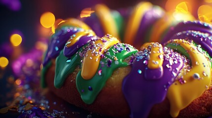 Wall Mural - Mardi Gras King Cake with Colorful Icing and Sprinkles for Festive Celebration