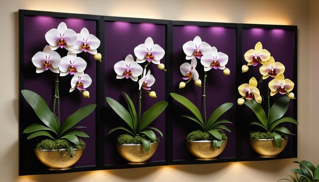 3D panels with realistic, exotic orchids. The should feature purple and white Phalaenopsis orchids, with realistic petal textures and intricate patterns.