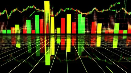 Poster - A futuristic 3D bar chart with tall, colorful bars emerging from a transparent grid. The bars represent financial growth, with reflections on a glossy surface below.