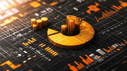 Poster - A futuristic 3D pie chart with metallic segments, spinning in mid-air over a dark background with digital lines and light beams, illustrating advanced data analytics.