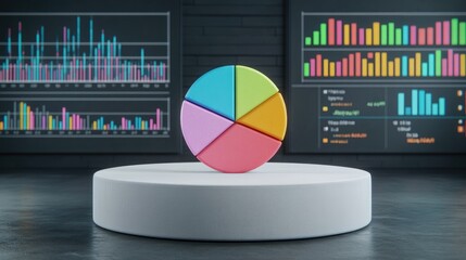 Poster - A futuristic 3D pie chart with metallic segments, spinning in mid-air over a dark background with digital lines and light beams, illustrating advanced data analytics.