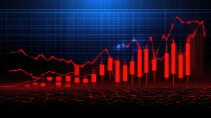 Poster - A futuristic stock market graph with glowing neon candlesticks and volume bars. The background displays moving ticker symbols and financial data streams in motion.