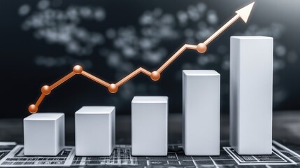 Poster - A glowing 3D bar chart in metallic colors, floating above a dark background with digital data points and arrows indicating upward trends, symbolizing business success.