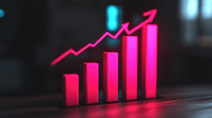 Poster - A glowing 3D bar chart in metallic colors, floating above a dark background with digital data points and arrows indicating upward trends, symbolizing business success.
