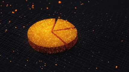 Poster - A glowing 3D pie chart with metallic tones, hovering over a dark, grid-like background. The slices expand outward, symbolizing data-driven insights and market analysis.