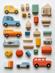 Aufkleber - Various children’s toys are displayed in a flat lay arrangement on a white background, allowing space for creative text or design. Generative AI