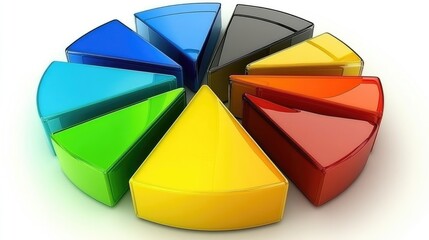 Poster - A modern 3D pie chart with shiny, transparent slices in vivid colors, floating in space. Each slice represents a different portion of sales or financial data.