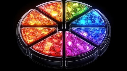 Poster - A modern 3D pie chart with shiny, transparent slices in vivid colors, floating in space. Each slice represents a different portion of sales or financial data.