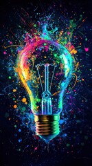 Wall Mural - Colorful lightbulb idea with abstract energy and vibrant paint streaks