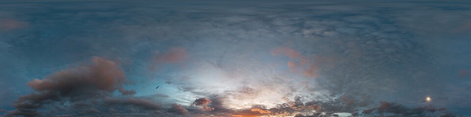 Wall Mural - 360 panorama of glowing sunset sky with bright pink Cumulus clouds. HDR 360 seamless spherical panorama. Full zenith or sky dome sky replacement for aerial drone panoramas. Climate and weather change.